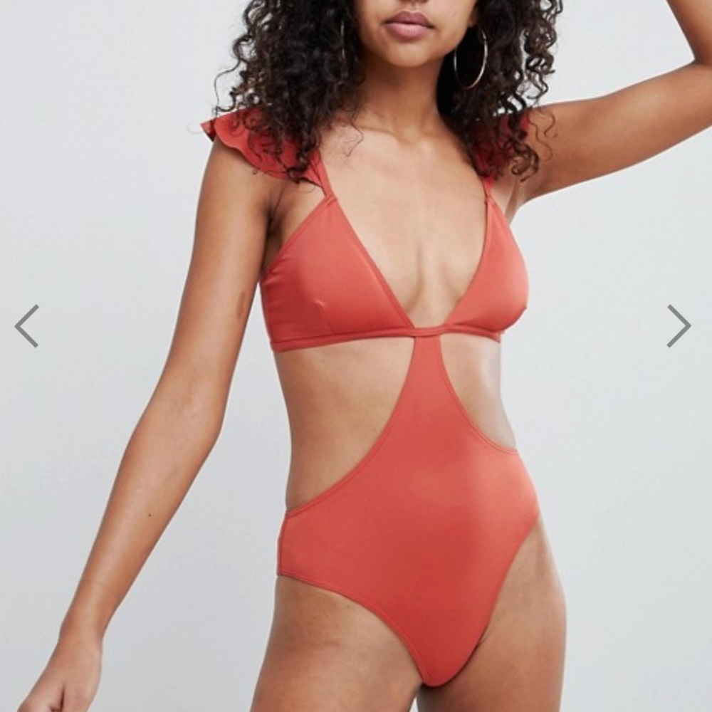Asos Design cut out frill shoulder swimsuit